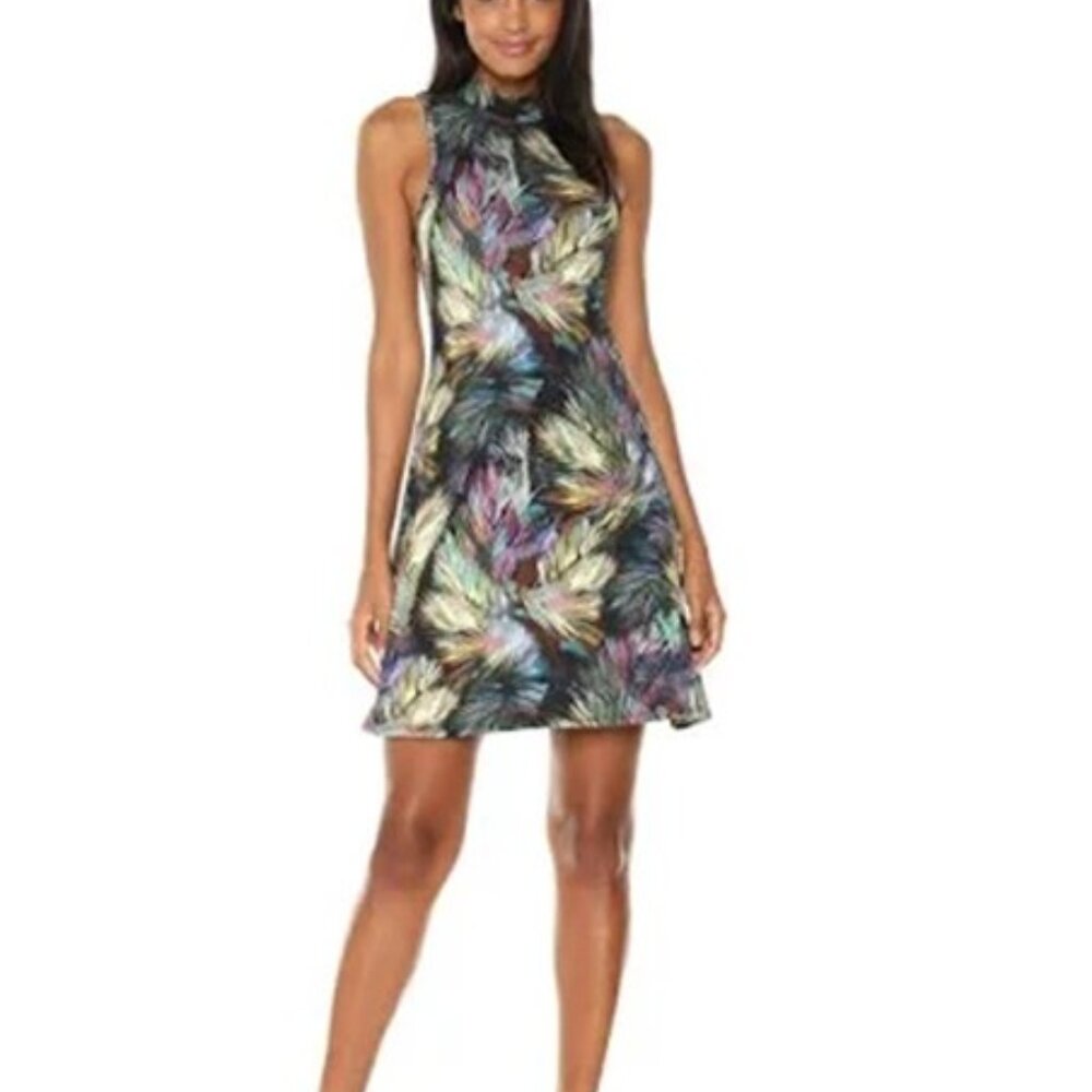Abstract Floral Mock Neck Flare Dress